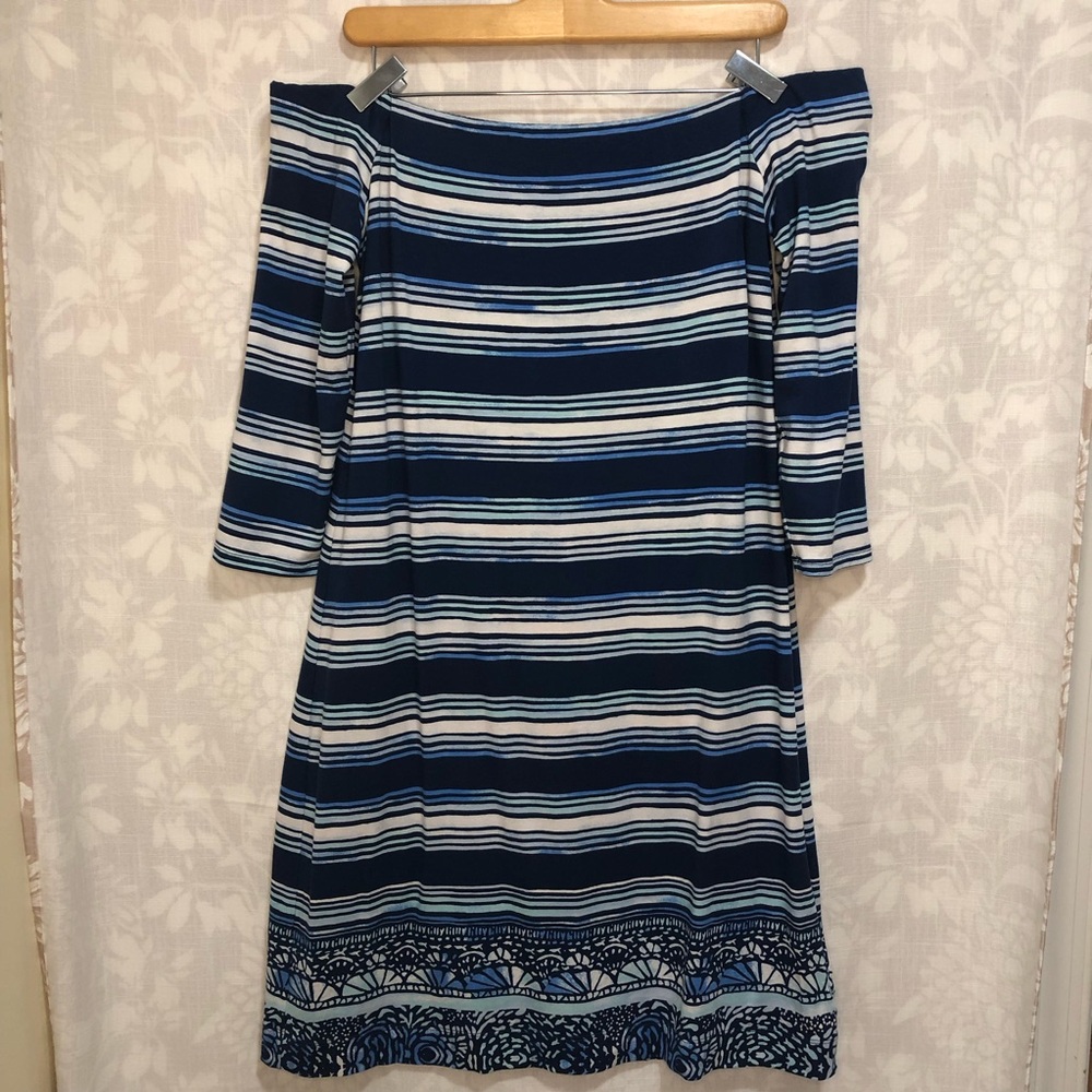 Lilly Pulitzer Off the Shoulder Navy Blue Striped Nautical Coastal Casual Dress